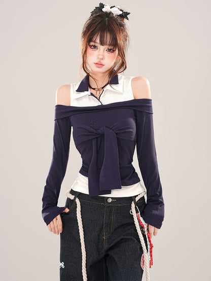 Marineblaues Patchwork-Top mit Krawattenakzent und Cut-Out-Schulter