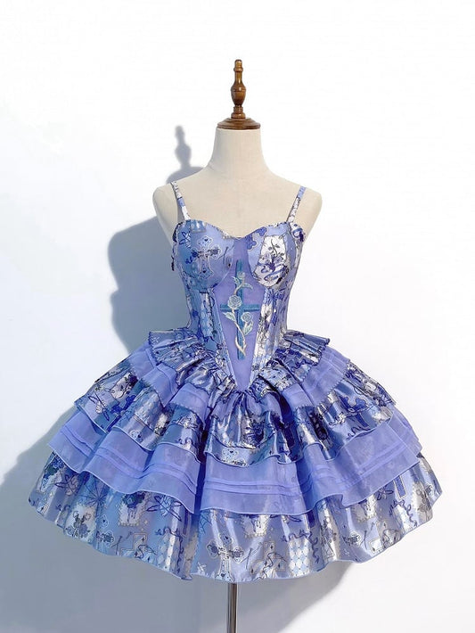 Cross Boned with Rosette JSK Print Y2K Lolita and Blue Dress Waist