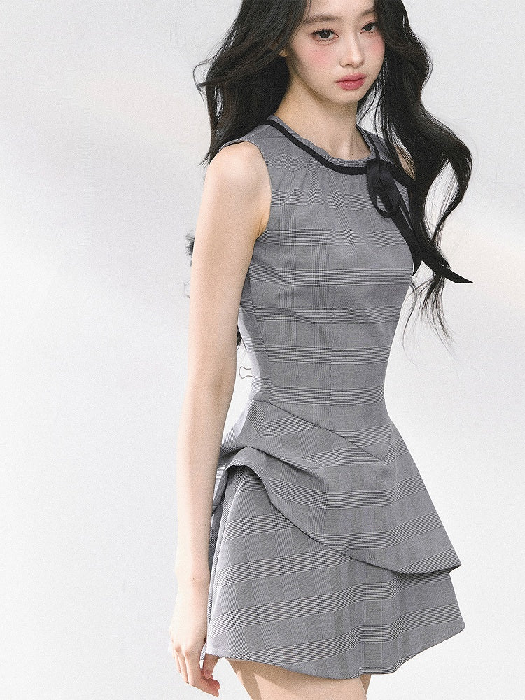 ノースリーブドレス グレー バスクウエスト セルフタイネックライン ミニ