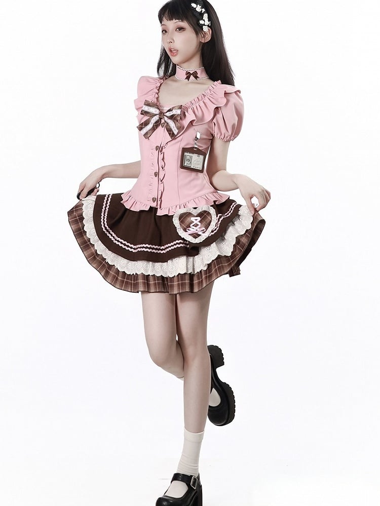 Tiered Skirt with Lace Trim and Plaid Heart Patch in Brown and Pink - PINK SAVIOR