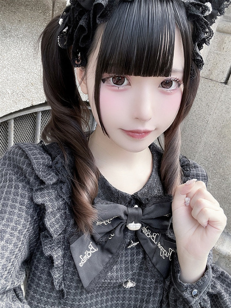 Black with Jirai Dress Square Houndstooth Waist Two-Piece Design Sleeve Buckles Long Faux and Kei