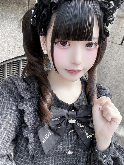 Black with Jirai Dress Square Houndstooth Waist Two-Piece Design Sleeve Buckles Long Faux and Kei