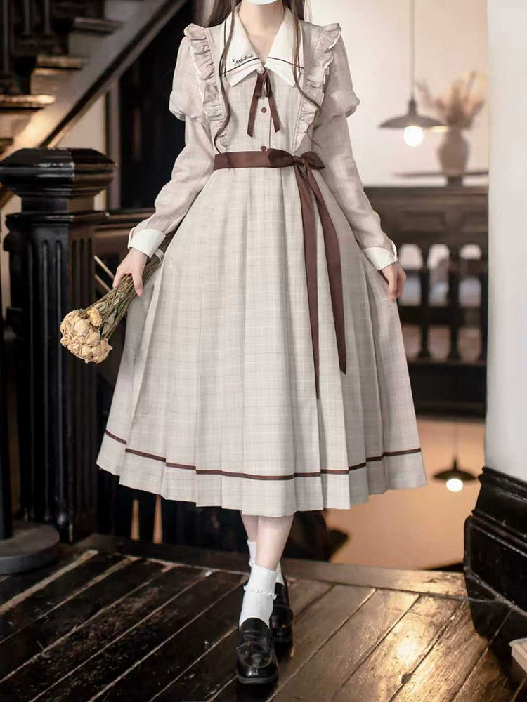 Plaid Pleated Juliette Sleeves Preppy Dress: Skirt with Coffee Light Style