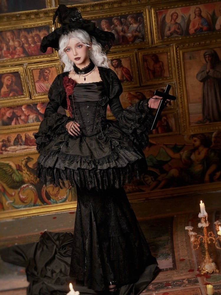 Lagenrock mit Kordelzug Schwarz Vampir Detail Lolita Gothic
