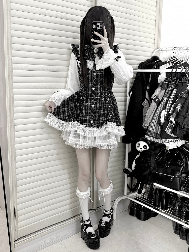 Shorts Jirai Trim Dress Matching Plaid Bow Black + Set White Rhinestone Kei Lace Long Sleeve