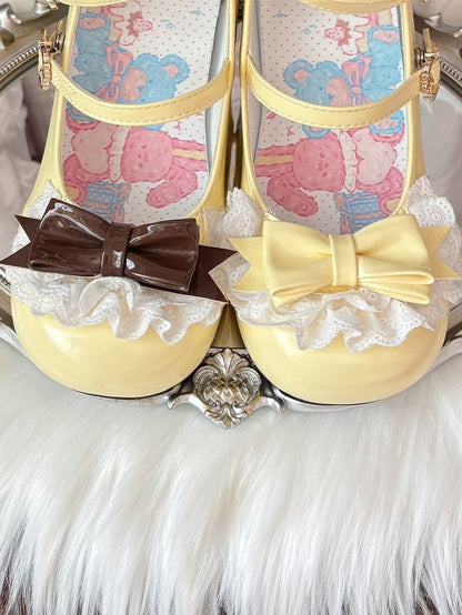 in Brown at Lace Lolita Trim Round Mid Toe Bow PU Top. Heel Heels Pudding Sweet Yellow