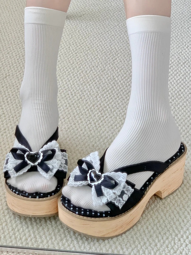 Bow Wa Heart Schwarz Weiß Applikation Lolita Bequeme Spitzenpantoffeln - Beschnitten