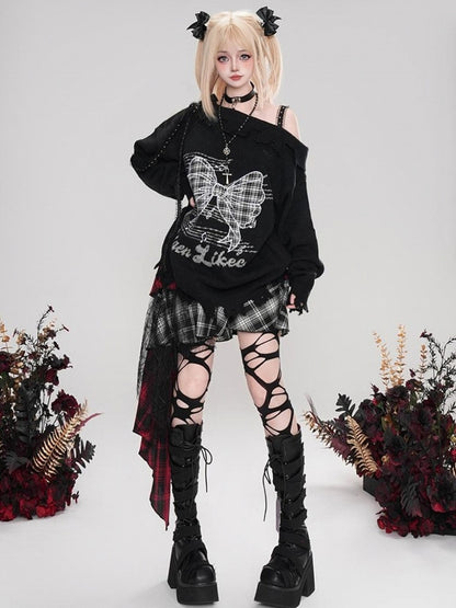 Pink/Black/White Bowknot Applique Asymmetrical Neckline Sweater Distress Trim