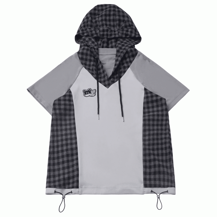 Techwear T-Shirt Plaid Patchwork Design Wolf Stickerei Wolf Ohren Kapuze Grau