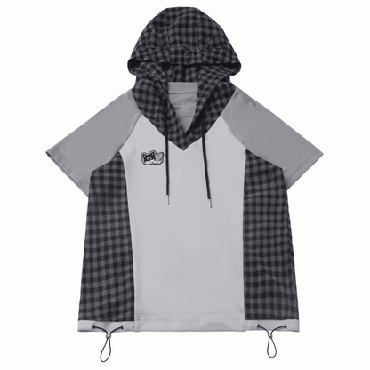 Techwear T-Shirt Plaid Patchwork Design Wolf Stickerei Wolf Ohren Kapuze Grau