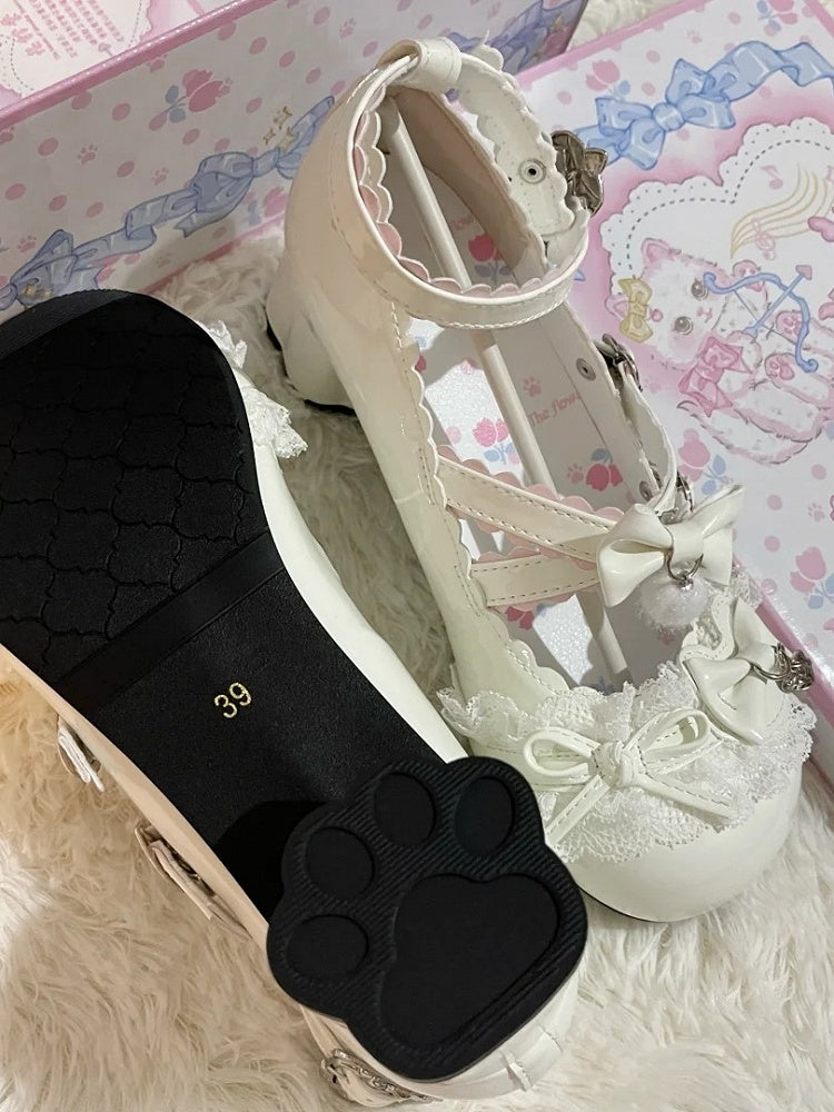 in with White PU Mid-heel Janes Mary Leather Bow Accents
