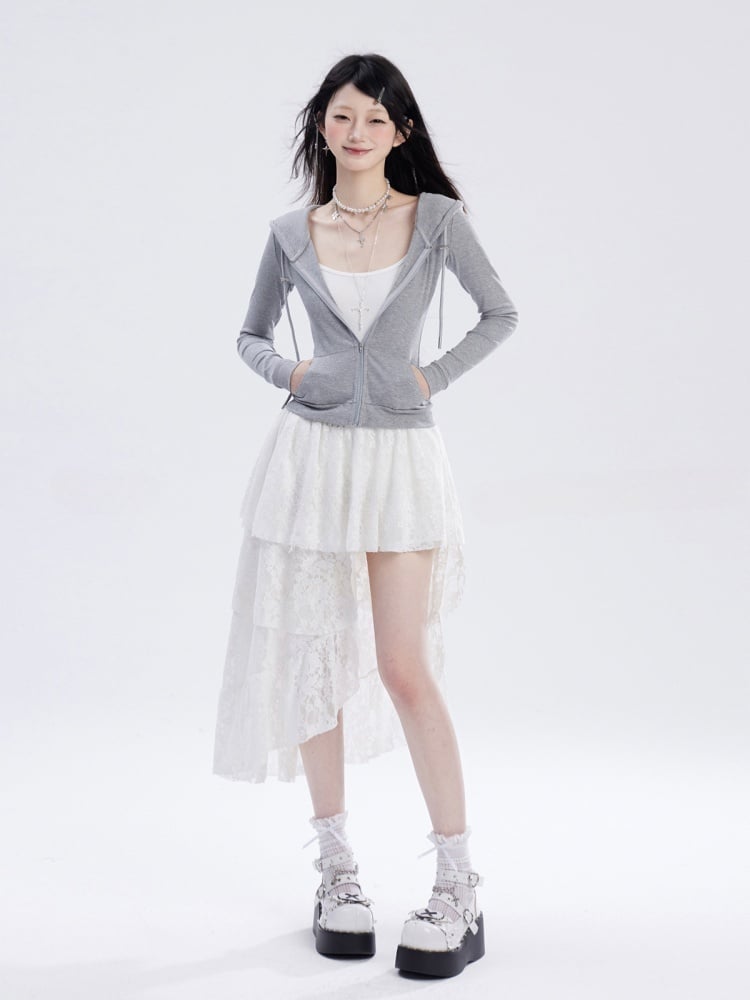 トップス スリムフィット フード付き ジップ開閉 ブラック/グレー/レッド