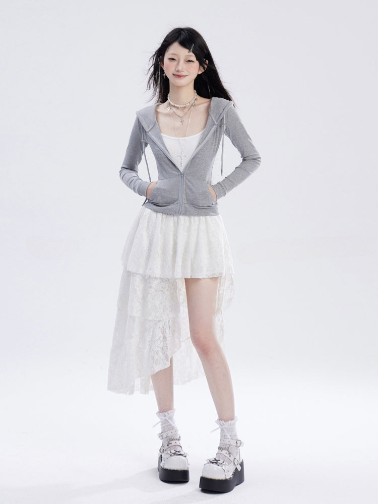 Slim-fitting Hooded Black/Gray/Red Top Zip Closure