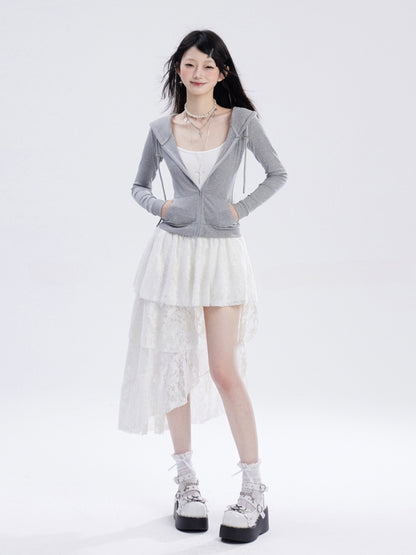 Slim-fitting Hooded Black/Gray/Red Top Zip Closure