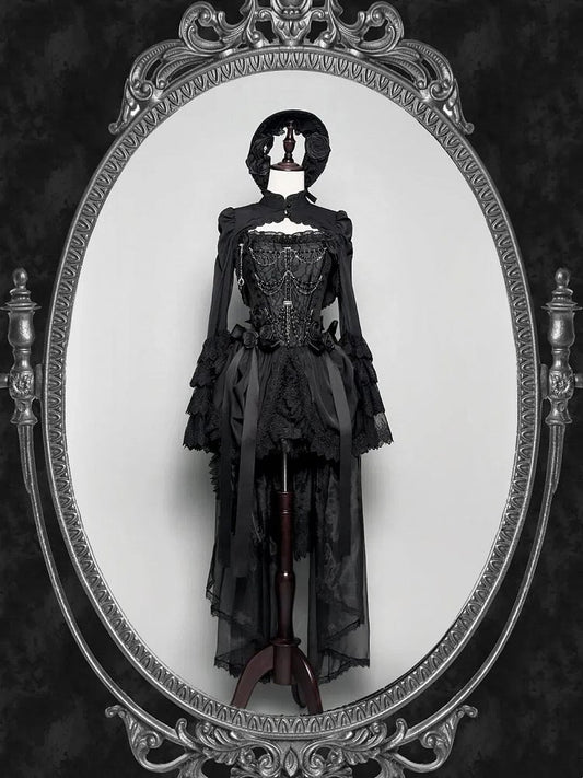 Black Black Gothic Lolita Tiered Skort with Train LeMiroir | LilyVow