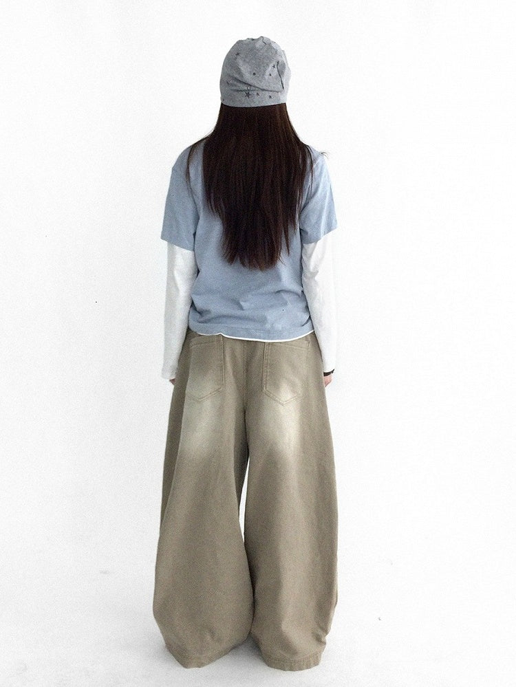 Washed Faded Light Yellow Wide-Leg Jeans with Graffiti Details