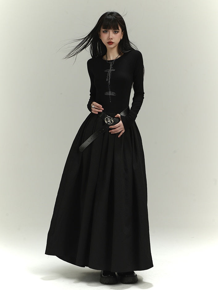 Gothic Black Backless/Covered-Back Round Neck Slim-fitting Dress