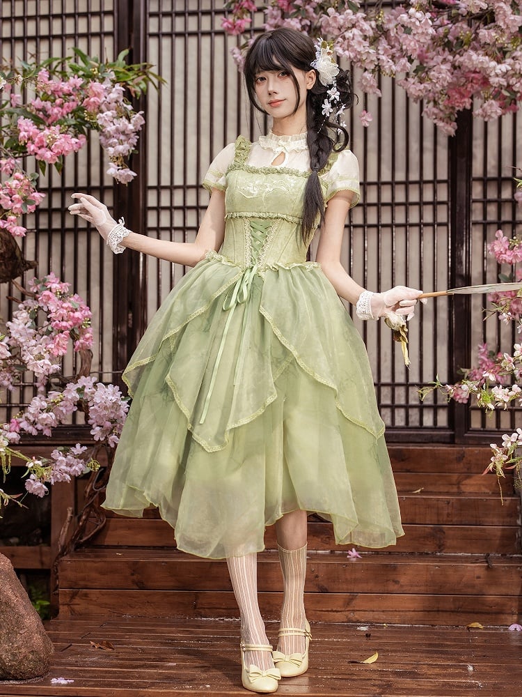 Green Orchid Chinoiserie Lolita OP Dress & Hairclips Set - With PUJI