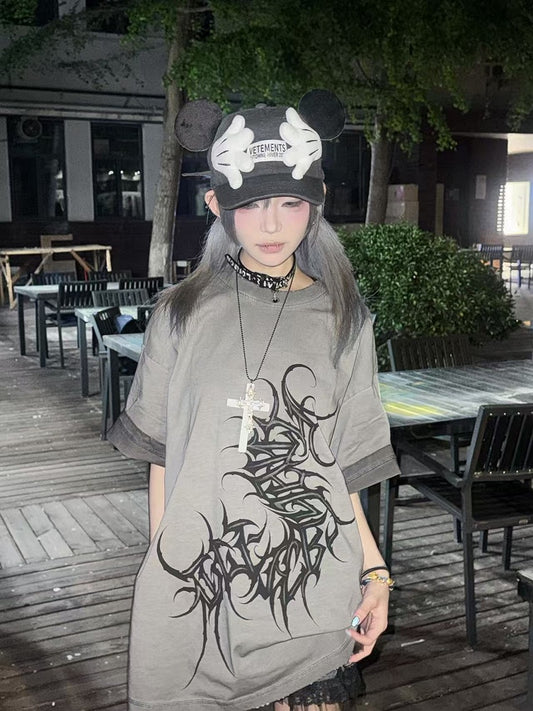 Print Greyish-Green Centipede T-Shirt Wasteland Graffiti with Distressed Tattoo-Style Edgy