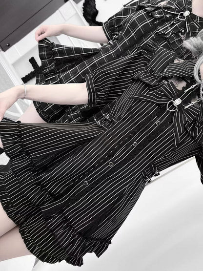 Black Shorts Plaid/Striped Kei Buckles Set: Jirai Neckline Illusion with Matching Waist-Defining Dress