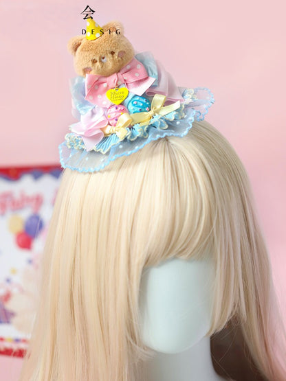 Lolita Hairclip/Hairband/KC/Mini Pink Plush Sweet Blue Bear Hat Bowknot Ear