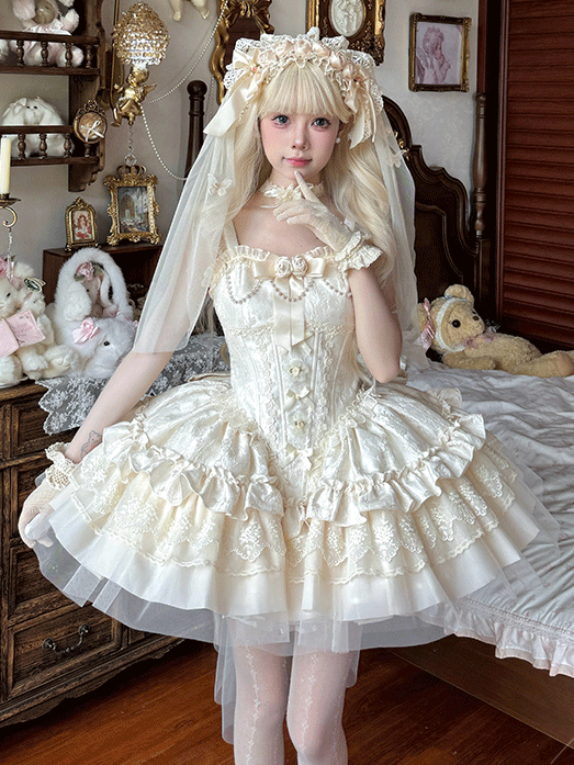 Puffkleidstoff mit baskischer Taille mit Stäbchen, Jacquard, Beige, JSK, Big Hime, Lolita, Balletcore, Schleifenschleppe