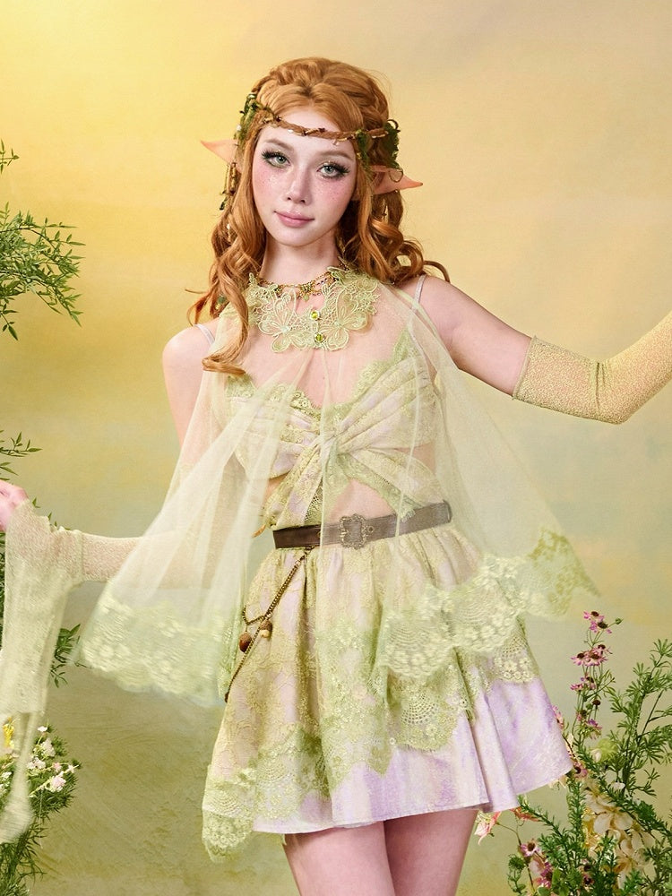 Green Mori Sheer Sleeveless Top Lace Trim - Virtual Orbit