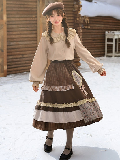 Brown Mori Kei High Waist Patchwork Skirt Lace Trim