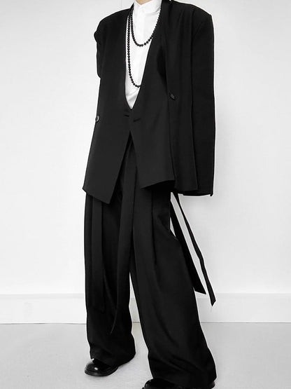 Wide-Leg Side Ribbons with Ouji Lolita Two-Button Fly Pants Black