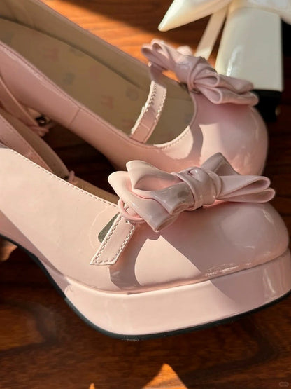 Lolita Mary Elegant with Pink Design High-heel Snap Bows Detachable Janes