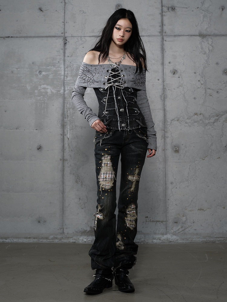 Karierte Distressed Patches Jeans Saum Punk mit ausgefranstem Black Wash Cross