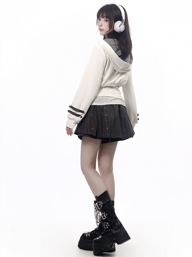 Hooded White Striped Pullover with Bear Graphic & Zip Trim, Fitted Waist - PINK SAVIOR