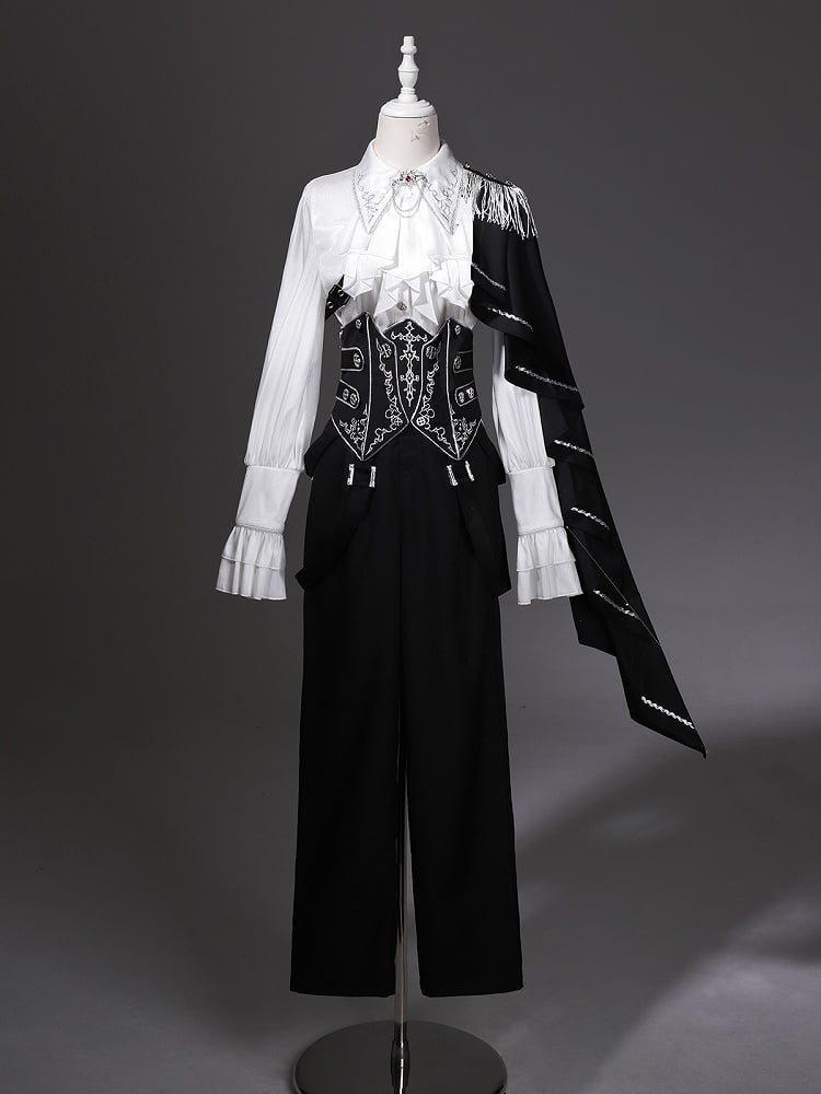 Belt+Black Corset Lolita Pants Pieces Three Prince Shirt+Embroidered Cape Set-One-Shoulder Ouji