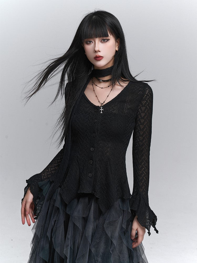 Hem Gothic Neck Irregular Strap with Cardigan Black Knit