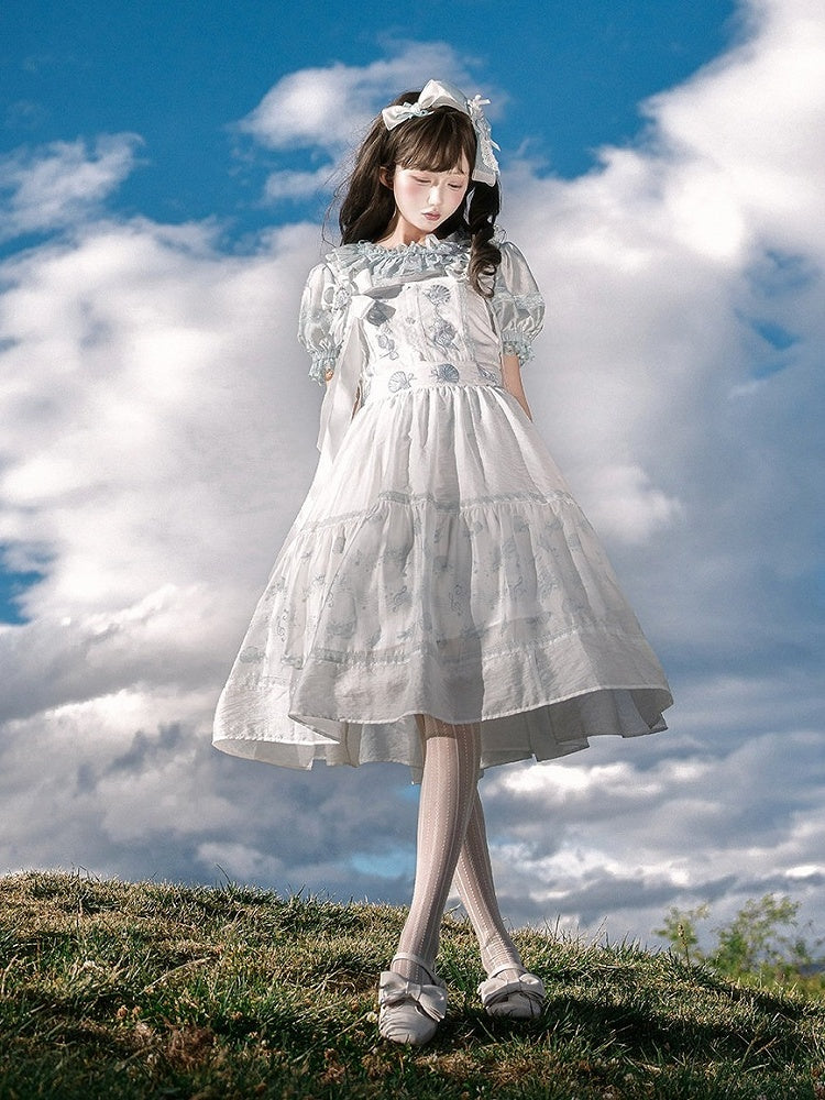 Light Blue Sheer Short-Sleeve Crew Neck Tencel Blouse with Lace - Yimu Walnut