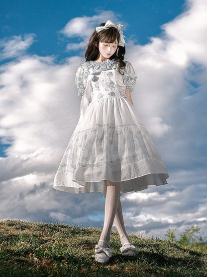 Light Blue Sheer Short-Sleeve Crew Neck Tencel Blouse with Lace - Yimu Walnut