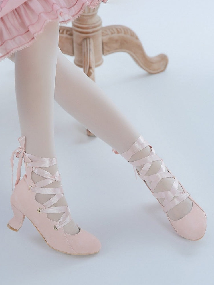 Design Lolita Shoes Pink Closure High-heel Toe Elegant Pointed with Lace-up
