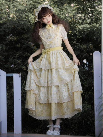 Lily Tiered Cherry and Lolita Kei Yellow Print Skirt Natural with Dress