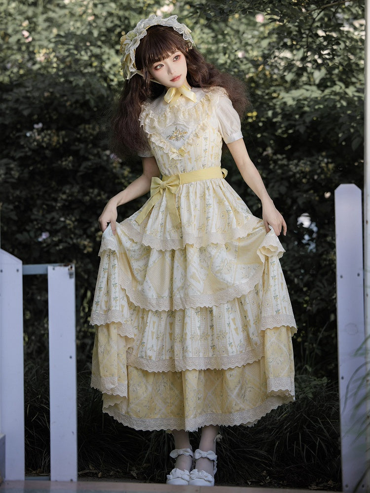 Lily and Cherry Print Yellow Natural Kei Lolita Tiered Dress - With PUJI