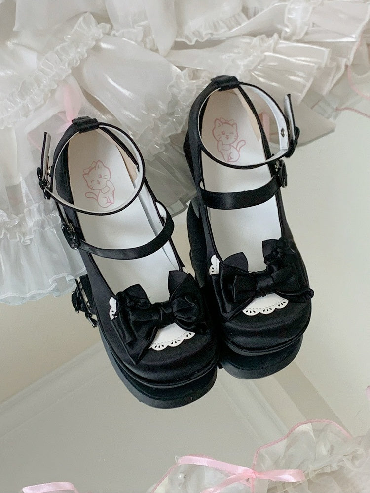 Bow Satin Lolita Ankle Shoes with Detachable Strap Hem Scalloped in Black High-heel Mary Sweet Jane Details