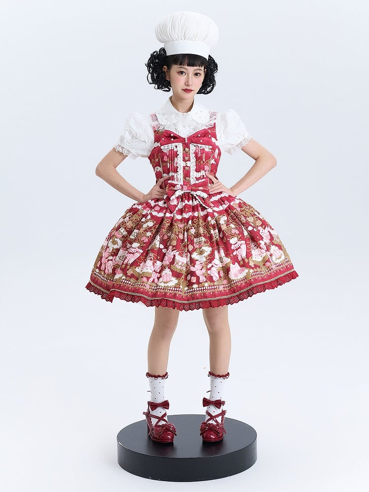 JSK Details Lolita Sweet Bow Trim with and Lace Bear Print Red Cake Dress
