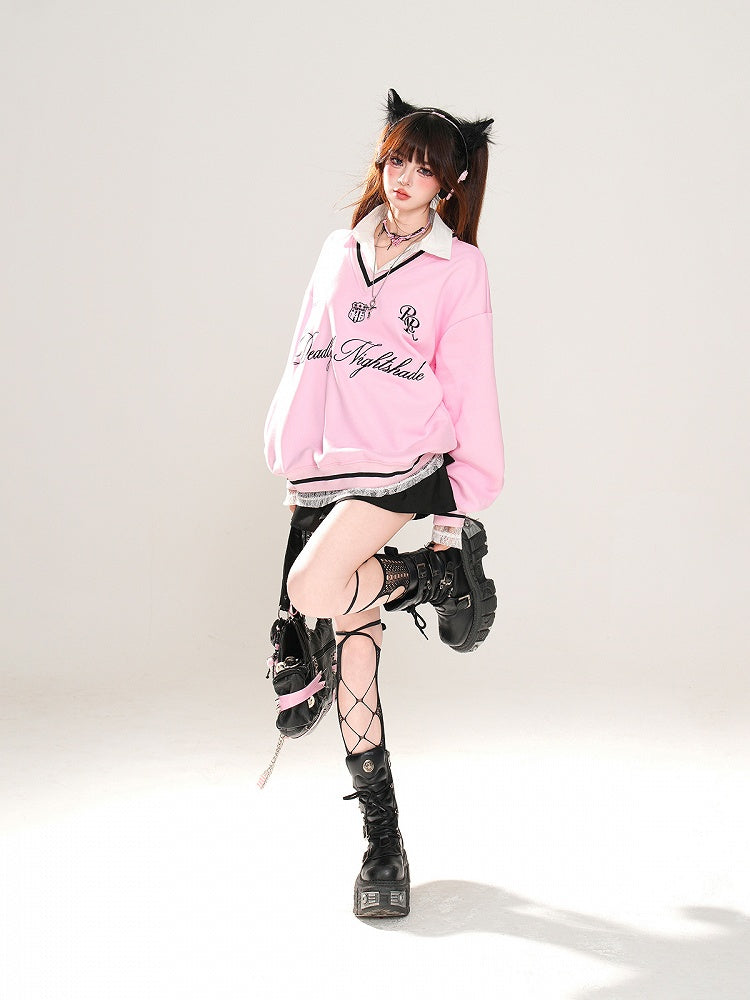 Aprikose/Pink Polokragen Buchstabenstickerei Frühlings-Sweatshirt Kunst-Zweiteiler