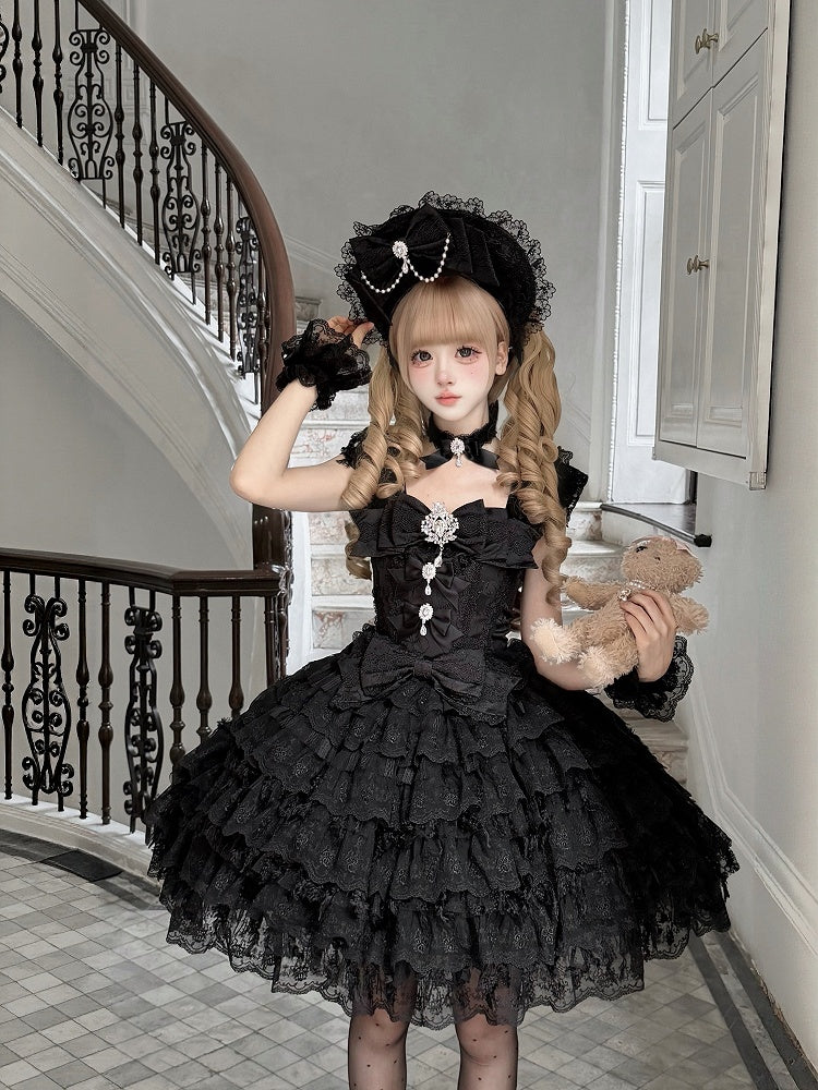 Details Skirt Sweet Lace JSK Rhinestone Lolita Multi-Layered Hime-Style with Bow Black Dress