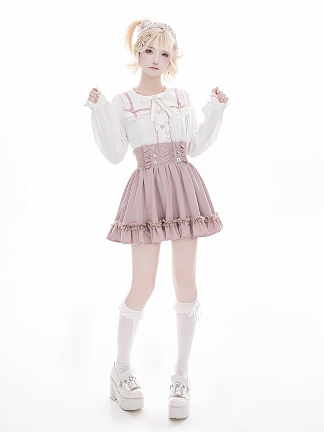 Beaded Collar Long Lace Shaped Pink Kei Sleeve and Heart Square Buttons Jirai with Blouse: