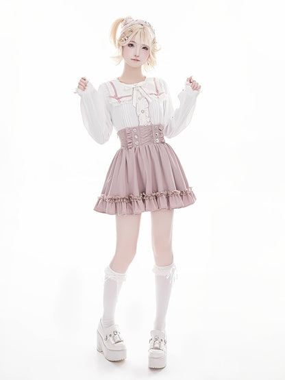 Beaded Collar Long Lace Shaped Pink Kei Sleeve and Heart Square Buttons Jirai with Blouse: