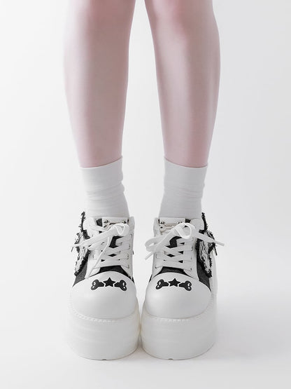 Black & White Punk Bone Applique Silver-tone Studs Platform Shoes
