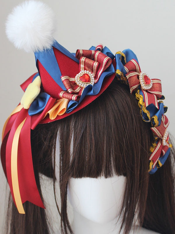 Blue And Red Circus Sweet Lolita Star And Beaded Bowknot Pompon Mini Hat