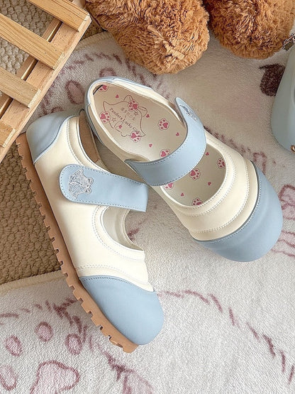 Sky Blue Sweet Lolita Shoes with Round Toe and Bell Print Hook and Loop Closure