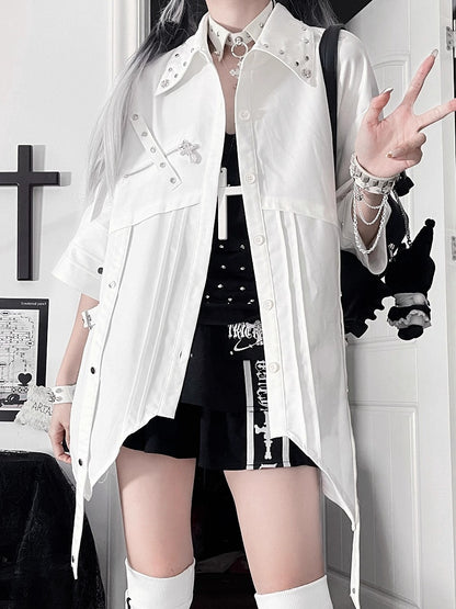 Collar White Shirt Asymmetrical Short-Sleeve Studded Hem with Punk