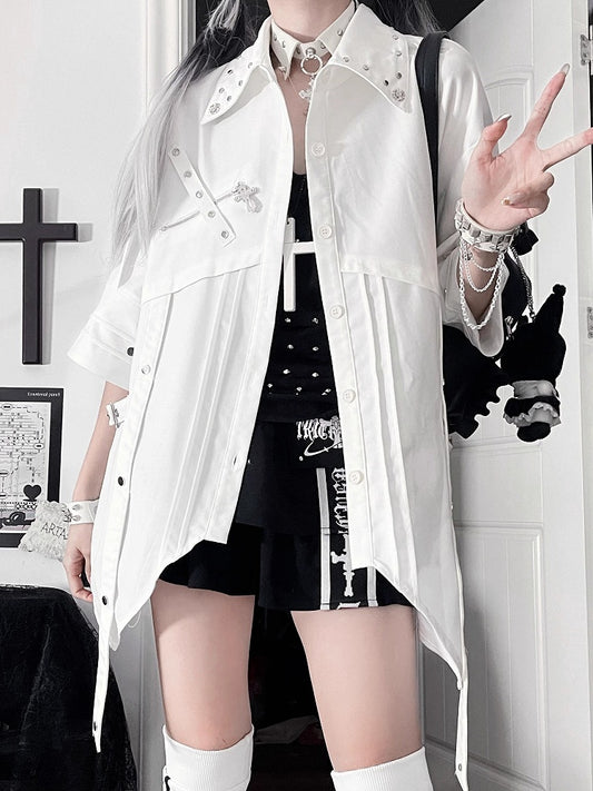Collar White Shirt Asymmetrical Short-Sleeve Studded Hem with Punk